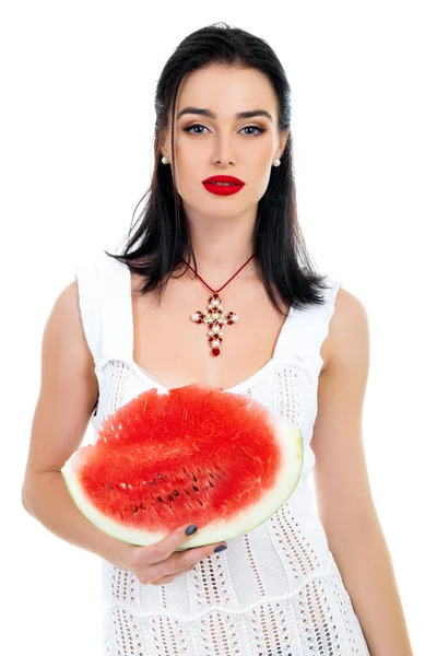 Beautiful Young Woman Holding Eating Slice Ripe Red Fresh Juicy — Stock Photo, Image