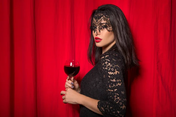 Young Beautiful Woman Holding Glass Wine Red Curtains — Stock Photo, Image