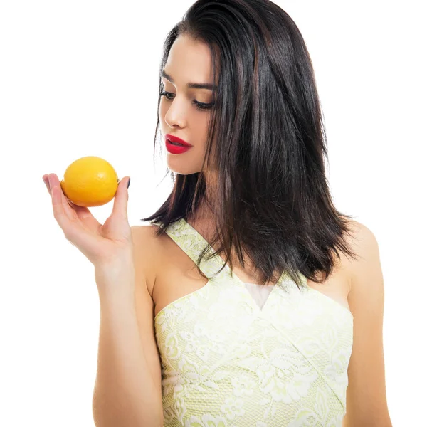 Excited Beautiful Girl Holding Lemon Posing Studio White Background — Stock Photo, Image