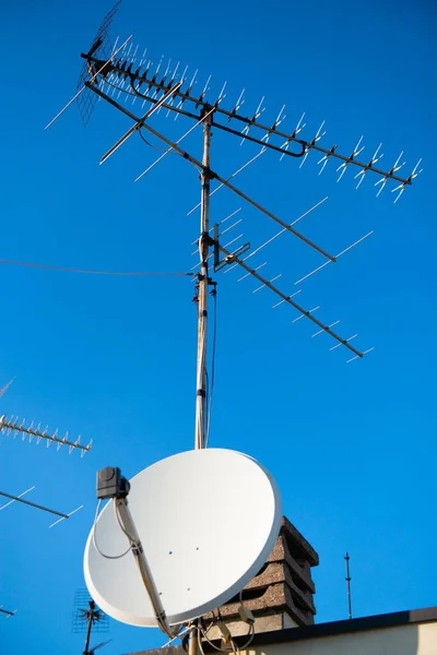 Antennas of satellite and analog television on the roof.