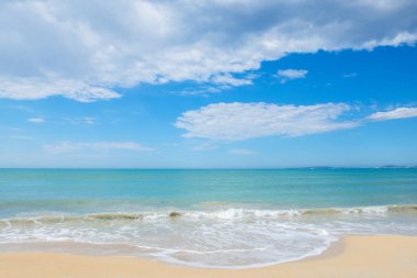 Akdeniz 'in güzel plajının panoramik manzarası, Palma de Mallorca, İspanya. İnanılmaz doğası olan Balear Adası