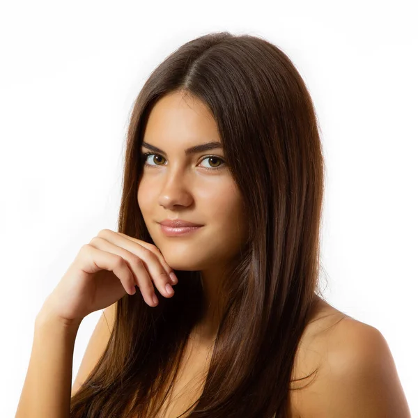 Sağlıklı Doğal Ciltli Dişi Yüzünün Güzel Bir Portresi Uzun Kahverengi — Stok fotoğraf