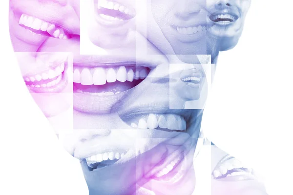 笑着女人的嘴与白色的背景巨大的牙齿 健康美丽的女性微笑 牙齿健康 假肢和护理 — 图库照片