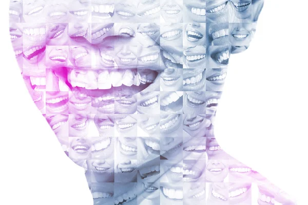 Lachende Vrouwen Mannen Met Grote Tanden Een Witte Achtergrond Gezonde — Stockfoto