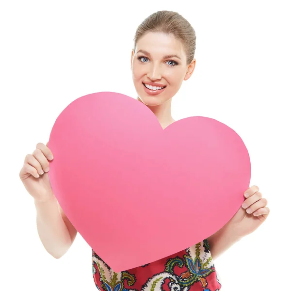 Retrato Una Atractiva Mujer Caucásica Sonriente Sosteniendo Gran Corazón Rosa — Foto de Stock