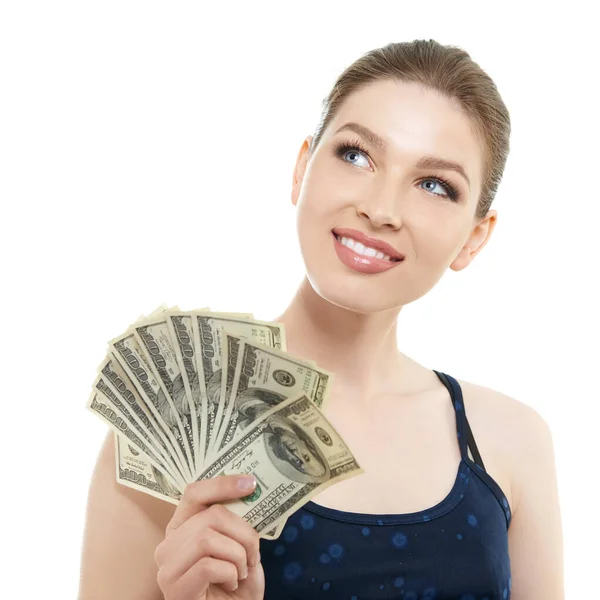 Jovem Mulher Feliz Segurando Dinheiro Dinheiro Dólares Feliz Sorrindo Olhando — Fotografia de Stock