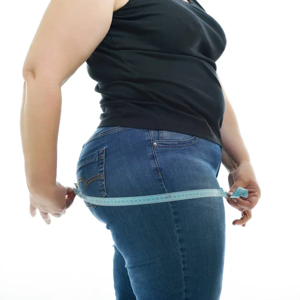 Overweight Unhappy Young Woman Measuring Her Hips Isolated White Background — Stock Photo, Image