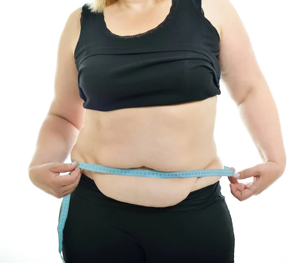 Overweight Unhappy Young Woman Measuring Her Waist Isolated White Background — Stock Photo, Image