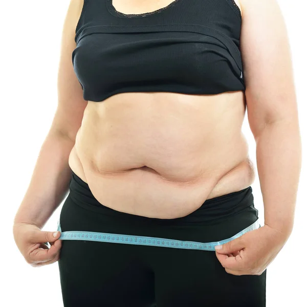Overweight Unhappy Young Woman Measuring Her Hips Isolated White Background — Stock Photo, Image