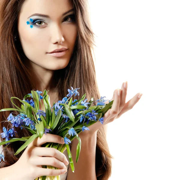 Retrato Belleza Una Joven Mujer Bonita Sosteniendo Flores Primavera Aisladas —  Fotos de Stock