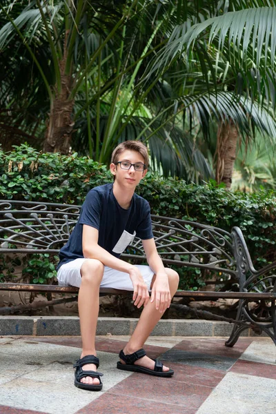 Молодий Хлопець Позує Літньому Парку Пальмами Милий Усміхнений Щасливий Хлопчик — стокове фото