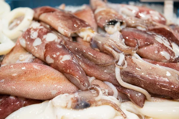 Balık ve deniz ürünleri pazarında taze mürekkep balığı satılıyor. 