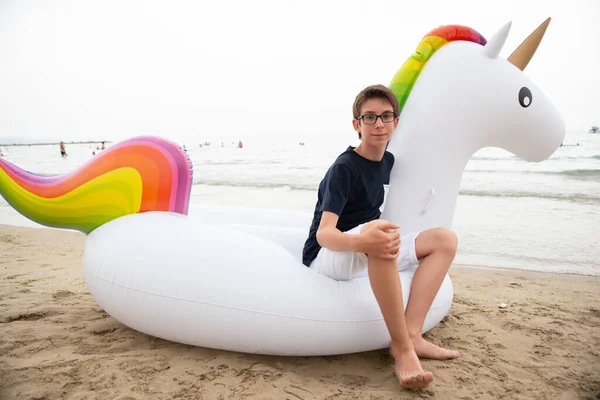 Handsome Young Boy Inflatable Unicorn Swimming Beach Alicante Beautiful Calm — Stock Photo, Image
