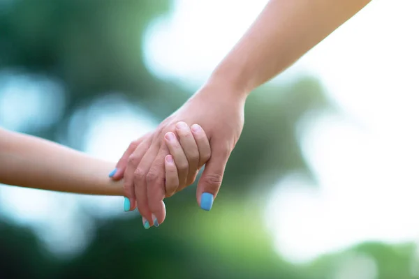 Kvinnors Och Barns Händer Mor Leder Sitt Barn Sommar Natur — Stockfoto