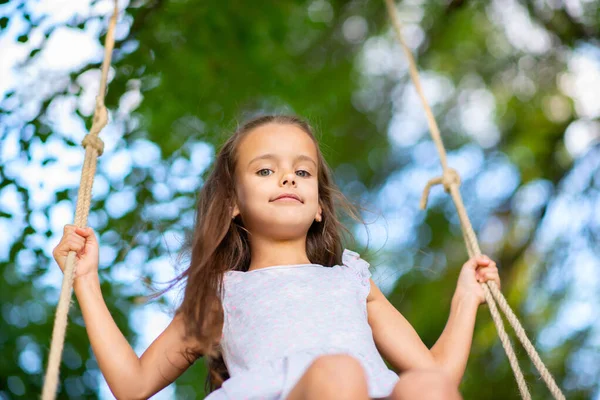 Happy Girl Rides Swing Park Little Princess Has Fun Outdoor — Stock Photo, Image