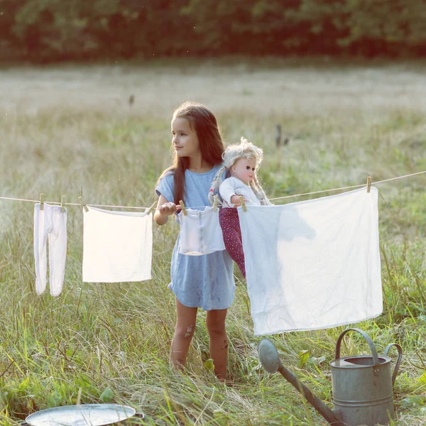 Little Girl Hangs Out Dry Retro Doll Clothes Summer Nature — Stock Photo, Image