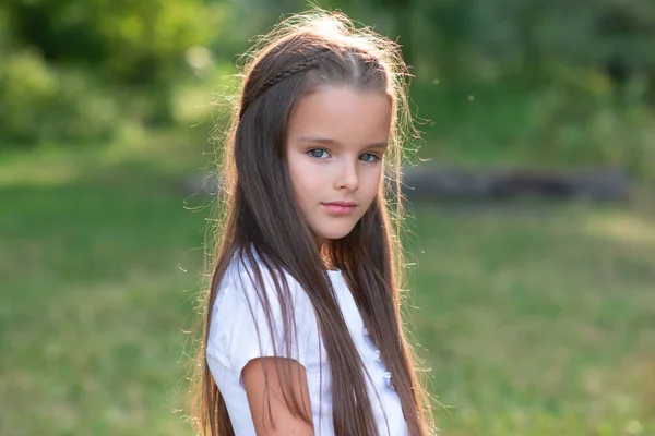 갈색긴 머리를 소녀가 야외에서 자연스럽게 포즈를 취합니다 아이의 초상화 아름다운 — 스톡 사진