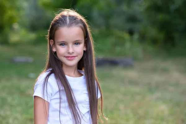 Menina Bonita Com Longos Cabelos Castanhos Posando Verão Natureza Livre — Fotografia de Stock