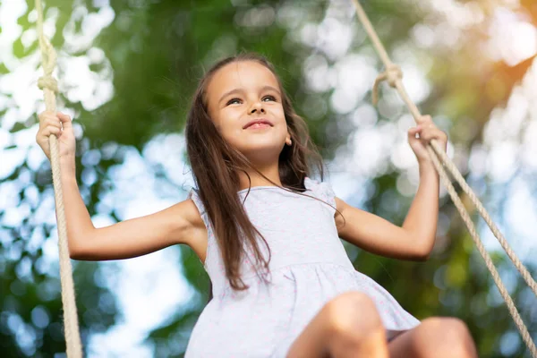 Happy Girl Rides Swing Park Little Princess Has Fun Outdoor — Stock Photo, Image