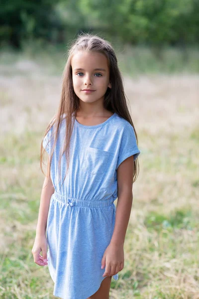 Linda Niña Posando Naturaleza Verano Aire Libre Vestido Azul Retrato —  Fotos de Stock