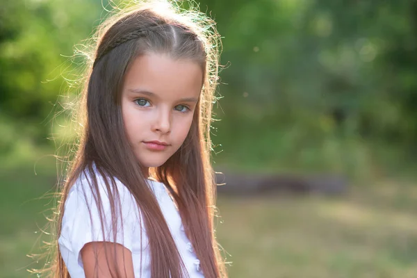 Mooi Klein Meisje Met Lang Bruin Haar Poseren Zomer Natuur — Stockfoto