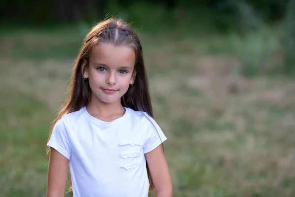 Jolie Petite Fille Aux Longs Cheveux Bruns Posant Nature Estivale — Photo