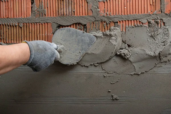 Man Plastering Wall Worker Makes Renovation Construction Work Repair — Stock Photo, Image