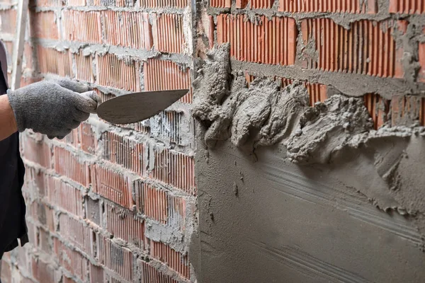 Man Plastering Wall Worker Makes Renovation Construction Work Repair — Stock Photo, Image