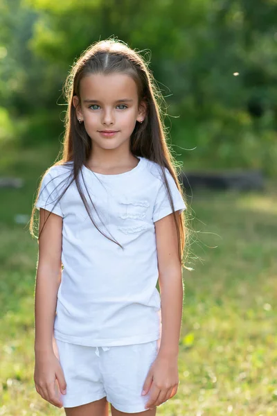 Mooi Klein Meisje Met Lang Bruin Haar Poseren Zomer Natuur — Stockfoto