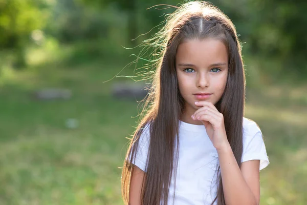 Красивая Маленькая Девочка Длинными Каштановыми Волосами Позирующая Летней Природе Открытом — стоковое фото