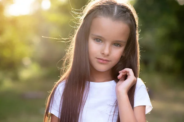 Pequeña Chica Con Pelo Marrón Largo Que Presenta Naturaleza Verano — Foto de Stock