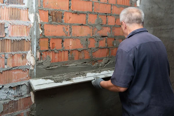 Man Plastering Wall Worker Makes Renovation Construction Work Repair — Stock Photo, Image