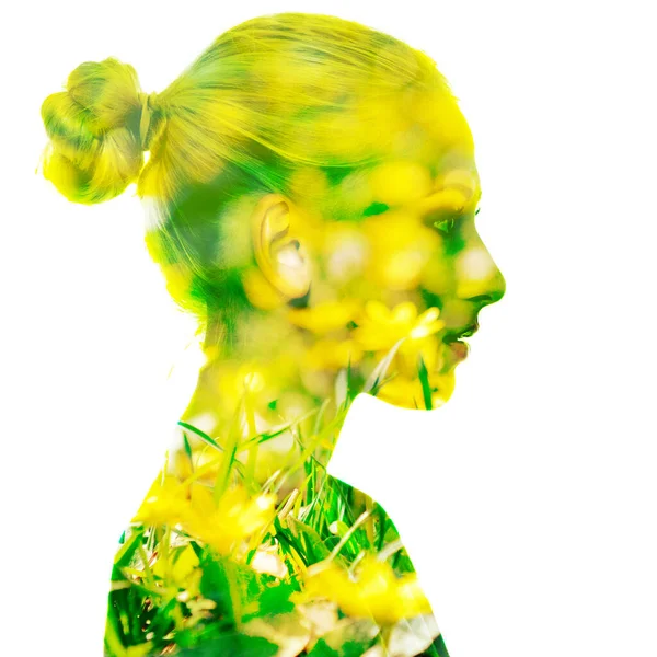 Retrato Exposição Dupla Menina Bonita Perfil Jovem Com Flores Amarelas — Fotografia de Stock
