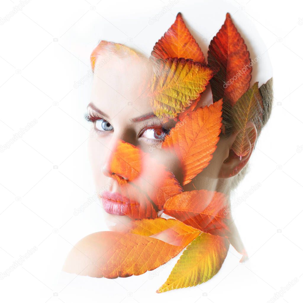 Double exposure portrait of beautiful young woman and fall leaves isolated on white background. Autumn season concept
