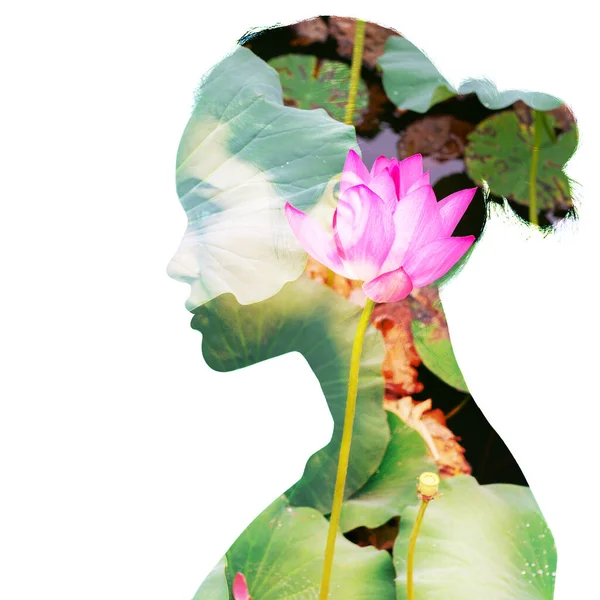 Double Exposition Portrait Belle Fille Profil Jeune Femme Fleur Lotus — Photo