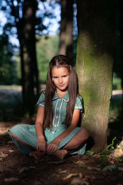 Bella Bambina Bruna Seduta Nella Foresta Vicino All Albero Con — Foto Stock