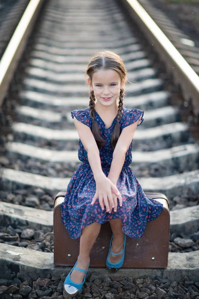 鉄道で大きなヴィンテージの荷物に座って花やブラウスと濃い青のドレスに身を包んだピグテールと美しい魅力的な女の子と幸せな笑顔 ファッション レトロなスタイル — ストック写真