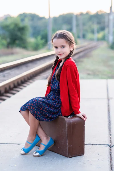 Beautiful Charming Little Girl Pigtails Waiting Train Station Dressed Dark — Stock Photo, Image