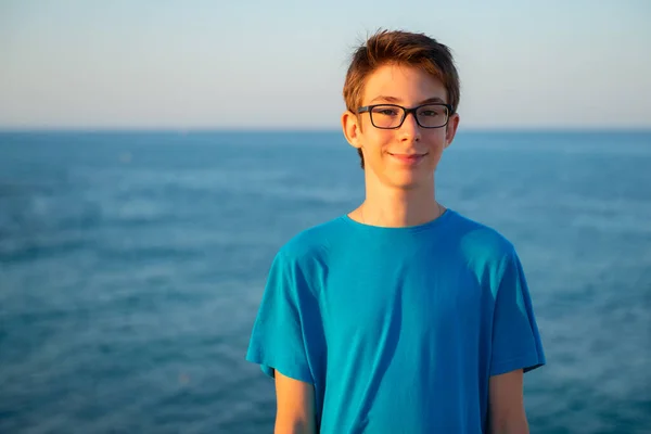Handsome Young Boy Beach Beautiful Calm Smiling Teen Boy Mediterranean — Stock Photo, Image
