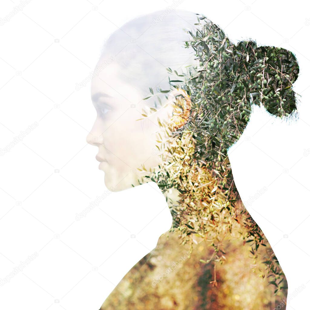 Double exposure portrait of beautiful girl in profile. Young woman and olive trees. 