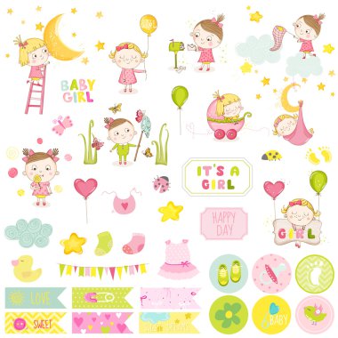 Şirin Bebek kız Scrapbook küme. Vektör Scrapbooking. Dekoratif elemanlar. Bebek Etiketler, etiket, Etiketler, notlar.