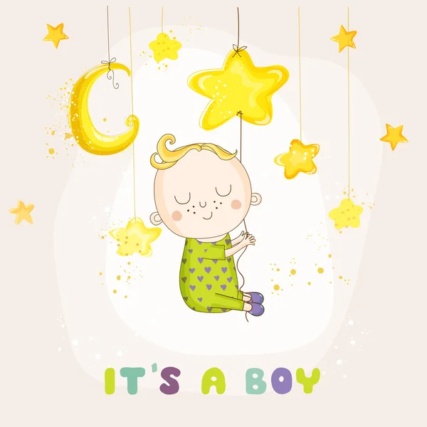 宝贝男孩睡在一颗星-婴儿沐浴或到达卡-向量中 — 图库矢量图片