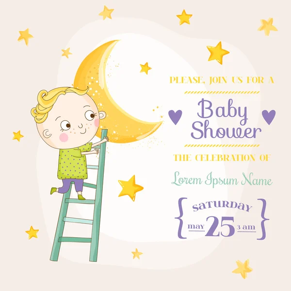 Baby Boy Cliping on a Moon - Baby Shower or Arrival Card - в векторе — стоковый вектор