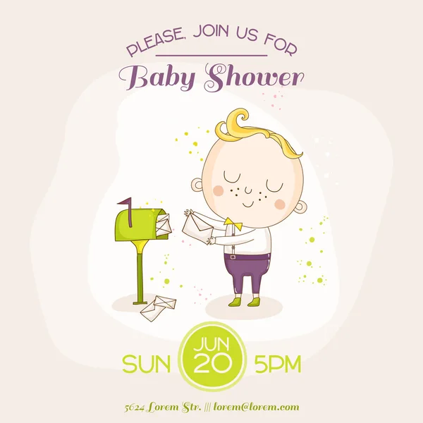 Baby Boy con correo - Baby Shower o tarjeta de llegada - en vector — Vector de stock