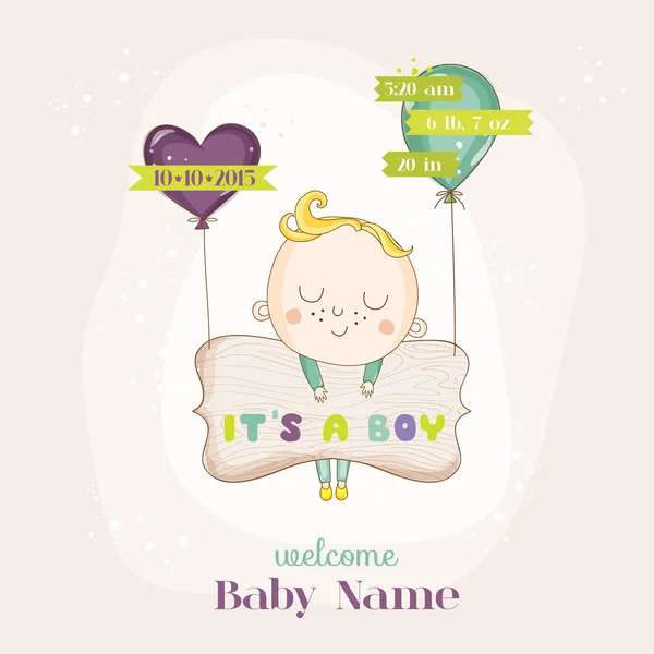 Baby Boy con globos - Baby Shower o tarjeta de llegada - en vector — Vector de stock