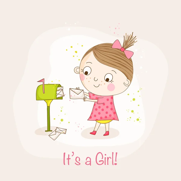 Baby Girl con correo - Baby Shower o tarjeta de llegada - en el vector — Archivo Imágenes Vectoriales