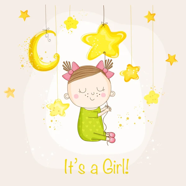 Baby Girl Sleeping on a Star - Baby Shower or Arrival Card - in vector — Stock Vector