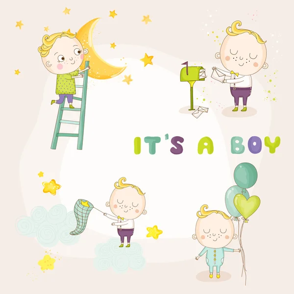 Van schattige Baby Boy illustraties - voor Baby Shower of aankomst Card - instellenin met vector — Stockvector