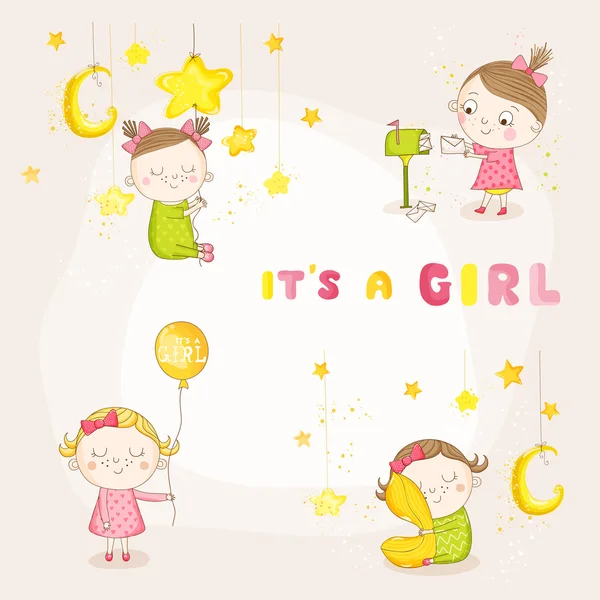 ベクトルでかわいい赤ちゃんのイラストが女の子 - ベビー シャワーの到着カードを設定します。 — ストックベクタ