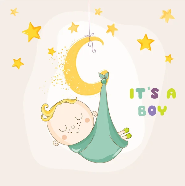 Baby Boy slapen op een maan - Baby Shower of aankomst Card - in vector — Stockvector